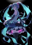  1girl 39 absurdres bare_shoulders black_background black_legwear blue_eyes blue_hair detached_sleeves hair_ornament hatsune_miku highres long_hair looking_at_viewer mele_ck necktie shirt skirt sleeveless smile solo thighhighs twintails very_long_hair vocaloid 