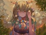  1girl adjusting_hair antlers blush bow braid braided_bangs breasts ceres_fauna cleavage collar dress earrings english_commentary f15xallen flower gem green_hair hair_flower hair_ornament highres hololive hololive_english jewelry large_breasts leaf long_hair looking_at_viewer mole mole_under_eye ribbon smile solo star_(symbol) star_earrings yellow_eyes 