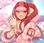  1girl absurdres alternate_color apex_legends black_eyes blurry blurry_background bodysuit bright_pupils cherry_blossoms highres hood hooded_jacket jacket lichtenberg_figure lila_(lilakeylk) olympus_(apex_legends) parted_lips pink_bodysuit pink_hair pink_headwear pink_jacket pink_theme ribbed_bodysuit scar scar_on_cheek scar_on_face smile solo wattson_(apex_legends) white_pupils 