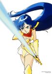  1980s_(style) 1989 1girl armor armored_boots asou_yuuko bangs bikini blue_eyes blue_hair boots bracer company_name copyright floating_hair highres holding holding_sword holding_weapon long_hair miniskirt mugen_senshi_valis non-web_source official_art pauldrons red_scarf retro_artstyle scarf shoulder_armor simple_background skirt solo strapless strapless_bikini swimsuit sword two-handed valis very_long_hair weapon white_background yellow_skirt 