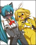  after_transformation anthro black_body black_fur blonde_hair blue_eyes blue_hair blush bodily_fluids canid canine canis claws clothed clothing colored cum domestic_cat domestic_dog duo ejaculating_cum ejaculation erection felid feline felis female fur genital_fluids genitals hair hatsune_miku hi_res humanoid_genitalia humanoid_penis kagamine_len male mammal multi_nipple navel nipples one_eye_closed open_mouth partially_clothed penis simple_background sweat tongue tongue_out vocaloid yanoodle yellow_body yellow_fur 