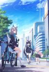  3girls =_= ahoge animal_ear_fluff animal_ears armband assault_rifle bag beretta_ar70 bicycle black_bag black_hair blazer blue_archive blue_eyes blue_necktie blue_ribbon blue_scarf cat_ears city closed_eyes cloud collared_shirt copyright_name cross_hair_ornament crosswalk doremi earrings food food_in_mouth gloves grey_skirt ground_vehicle gun hair_ornament hair_ribbon halo highres holding_hands hoshino_(blue_archive) id_card jacket jewelry long_hair long_sleeves mouth_hold multiple_girls necktie official_art open_clothes open_jacket pedestrian_crossing_sign pink_hair plaid plaid_skirt red_eyes ribbon rifle safety_pin scarf school_bag school_uniform serika_(blue_archive) shiroko_(blue_archive) shirt shirt_tucked_in shoes short_hair shotgun sig_sauer sig_sauer_556 skirt sky sneakers striped striped_scarf stud_earrings suitcase toast toast_in_mouth tree twintails very_long_hair walking weapon white_legwear white_shirt wolf_ears 