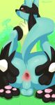  2022 absurd_res anthro anus backsack balls big_butt blush bodily_fluids butt fur gaping gaping_anus genitals grass green_background hand_on_butt hi_res kneeling looking_at_viewer looking_back looking_back_at_viewer lucario male morgenergy narrowed_eyes nintendo nude outside pawpads perineum plant pok&eacute;mon pok&eacute;mon_(species) presenting presenting_anus presenting_hindquarters sign simple_background solo spikes spikes_(anatomy) spread_anus spread_butt spreading sweat sweatdrop text tuft url video_games 