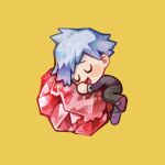  1boy :d bangs blush_stickers chibi closed_eyes commentary_request grey_hair happy huan_li jacket long_sleeves male_focus open_mouth pants pokemon pokemon_(game) pokemon_oras purple_footwear ruby_(gemstone) shoes short_hair smile solo steven_stone tongue u_u yellow_background 