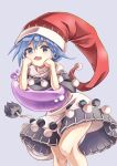  1girl :d arm_support bangs black_dress blob blue_eyes blue_hair doremy_sweet dream_soul dress feet_out_of_frame grey_background houshiruri looking_at_viewer multicolored_clothes multicolored_dress nightgown open_mouth pom_pom_(clothes) red_headwear short_hair simple_background smile solo tail tapir_tail touhou white_dress 