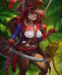  anthro avocado_seed belt breasts canid canine canis cleavage clothed clothing compass female forest forest_background green_eyes hi_res highlights_(coloring) mammal melee_weapon nature nature_background pirate pirate_hat pirate_outfit plant portrait post red_highlights rope solo sword three-quarter_portrait tree weapon wolf 