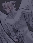  anthro areola athletic athletic_anthro athletic_male biped blush bodily_fluids erection feathered_wings feathers genitals glans hair holding_penis horn humanoid_genitalia humanoid_penis looking_at_viewer male navel ninetht nipples open_mouth partially_colored penis pubes saliva saliva_on_tongue sketch solo tongue tongue_out wings 