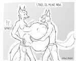  abdominal_bulge anthro belly belly_squish biped bottomwear canid canine canis clothing confusion duo fox grabbing_belly greyscale hi_res male male_pred mammal maw-malice monochrome pants shirtless squish stretchy vore wolf 