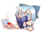  1girl blue_dress blue_eyes blue_hair book bow brave_new_world_(book) cake cirno coffee commentary cup dress english_commentary food fruit fumo_(doll) hair_bow ice ice_wings mug plate puffy_sleeves reading sitting skullchimes solo spoon strawberry touhou wings 