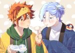  2boys blue_eyes blue_hair clothes eating food hair_between_eyes hair_ornament hasegawa_langa headband highres hood hoodie japanese_clothes kyan_reki looking_at_viewer male_focus messy_hair mochi multiple_boys orange_eyes red_hair shirt short_hair simple_background sk8_the_infinity smile uppi 