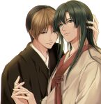  2boys aqua_eyes arm_up bangs bishounen black_hair black_kimono brown_eyes brown_hair chromatic_aberration couple hand_on_another&#039;s_head hand_up highres hikaru_no_go holding_hands husband_and_husband interlocked_fingers japanese_clothes kimono light_smile long_hair looking_at_viewer luanma_luanma male_focus multicolored_hair multiple_boys shindou_hikaru short_hair side-by-side sidelocks touya_akira two-tone_hair uchikake upper_body wedding white_kimono yaoi 