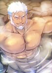  1boy abs aegir_(housamo) aqua_hair bara beard blue_eyes dark-skinned_male dark_skin earrings facial_hair fish_boy grin highres jewelry katoributa_a large_pectorals male_focus male_pubic_hair mature_male multicolored_hair muscular muscular_male nipples onsen out-of-frame_censoring pectorals pubic_hair short_hair single_earring smile solo streaked_hair tokyo_afterschool_summoners white_hair 