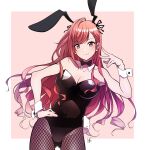  1girl animal_ears arisugawa_natsuha arm_up armpits bare_shoulders black_leotard bow bowtie breasts cleavage earrings eyebrows_visible_through_hair fake_animal_ears fishnet_legwear fishnets hand_on_hip highres idolmaster idolmaster_shiny_colors jewelry leotard long_hair looking_at_viewer pink_background playboy_bunny purple_eyes rabbit_ears red_hair simple_background smile solo v wrist_cuffs yasu_(pixiv) 