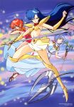  1990s_(style) 3girls armor asou_valna asou_yuuko bikini blue_hair boots bracer cham_(valis) company_name copyright dress floating_hair highres holding holding_staff holding_sword holding_weapon horns knee_boots long_hair long_pointy_ears miniskirt mugen_senshi_valis multiple_girls non-web_source official_art pauldrons pointy_ears red_hair red_scarf retro_artstyle sandals scarf short_hair shoulder_armor silver_hair single_horn skirt staff strapless strapless_bikini swimsuit sword valis weapon yellow_skirt 