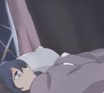  1girl 500_dollar_four_foot_tall_mareep_(meme) arknights bed blue_eyes blue_hair dark_halo demon_horns dutch_angle ether_(etherrrrrrr_) hair_between_eyes horns long_hair meme mostima_(arknights) pillow solo under_covers 