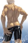  1boy artist_name ass back bara highres huge_ass male_focus male_swimwear male_underwear male_underwear_pull mondi_hl ocean original solo spiked_hair thick_arms thick_thighs thighs tight underwear wet white_hair 