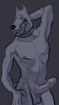  anthro areola athletic athletic_anthro athletic_male balls biped blush canid canine canis collar digital_media_(artwork) dobermann domestic_dog erection eyebrows fangs front_view genitals glans glistening glistening_nose hand_behind_head hand_on_hip humanoid_genitalia humanoid_penis looking_at_viewer male mammal ninetht nipples open_mouth partially_colored penis pinscher sketch solo standing 