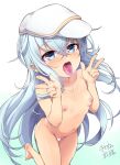  1girl bangs blush breasts censored cheese_(cheese_koubou) crossed_bangs double_w flat_cap gradient gradient_background hair_between_eyes hat heart heart_censor hibiki_(kancolle) highres kantai_collection long_hair long_sleeves looking_at_viewer nipples nude open_mouth pleated_skirt saliva signature silver_hair simple_background skirt small_breasts solo tongue tongue_out verniy_(kancolle) very_long_hair w white_headwear 