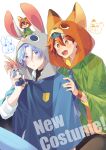  2boys animal_costume blue_eyes blue_hair bunny_costume fox_costume green_shirt hair_between_eyes hasegawa_langa highres kyan_reki looking_at_viewer male_focus messy_hair multiple_boys necktie open_mouth orange_eyes pants red_hair shirt short_hair sk8_the_infinity smile tagme upper_body uppi white_background zootopia 