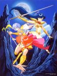  1990 1990s_(style) 3girls asou_valna asou_yuuko bikini blue_hair bracer cape cham_(valis) company_name copyright floating_hair full_moon highres holding holding_staff holding_sword holding_weapon horns long_hair long_pointy_ears long_sleeves medium_hair miniskirt moon mountain mugen_senshi_valis multiple_girls navel night non-web_source outdoors outstretched_arm pointy_ears red_hair retro_artstyle silver_hair single_horn skirt staff strapless strapless_bikini swimsuit sword valis very_long_hair weapon 