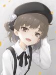  1girl :d arm_behind_head arm_up bangs beret black_bow black_headwear bow brown_eyes brown_hair collared_shirt commentary_request dan_(kumadan) dress_shirt eyebrows_visible_through_hair fangs flower grey_background hair_flower hair_ornament hair_rings hat hatoba_tsugu highres long_sleeves looking_at_viewer rose shirt signature smile solo tsugu_(vtuber) upper_body virtual_youtuber white_flower white_rose white_shirt 