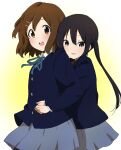  2girls :d bangs black_hair blue_ribbon blue_skirt blush brown_eyes brown_hair commentary_request eyebrows_visible_through_hair gradient gradient_background hair_between_eyes hair_ornament hairclip hanamegame_(nekootatu) highres hirasawa_yui hug hug_from_behind k-on! long_hair looking_at_viewer miniskirt multiple_girls nakano_azusa open_mouth red_ribbon ribbon sakuragaoka_high_school_uniform school_uniform shirt short_hair skirt smile teeth twintails upper_teeth white_background white_shirt yellow_background 