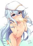  1girl bangs blush breasts censored cheese_(cheese_koubou) crossed_bangs double_w flat_cap food gradient gradient_background hair_between_eyes hat heart heart_censor hibiki_(kancolle) highres kantai_collection long_hair long_sleeves looking_at_viewer nipples nude pleated_skirt popsicle popsicle_in_mouth sexually_suggestive signature silver_hair simple_background skirt small_breasts solo verniy_(kancolle) very_long_hair w white_headwear 