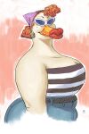  2022 anatid anseriform anthro avian beauty_mark belt big_breasts big_butt bird bottomwear breasts butt cleavage clothed clothing denim denim_clothing duck dyna_soar ear_piercing ear_ring eyewear female hair hi_res jeans lips lipstick makeup pants pattern_clothing piercing portrait short_hair simple_background solo striped_clothing stripes sunglasses thick_lips 