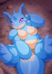  absurd_res blue_body breasts female hi_res hidoihito multicolored_body nidoqueen nintendo nude pok&eacute;mon pok&eacute;mon_(species) pupils slit_pupils solo spread_legs spreading two_tone_body video_games 