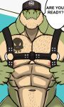  abs absurd_res anthro body_hair chest_hair clothing darknaigart dialogue dinosaur green_body hat headgear headwear hi_res jace_(darknaig) leather_daddy leather_gear looking_down male muscular muscular_anthro muscular_male nipples pecs reptile scalie shaved solo tattoo teeth theropod tyrannosaurid tyrannosaurus tyrannosaurus_rex 