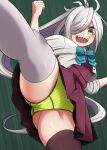  1girl asashimo_(kancolle) asashimo_kai_ni_(kancolle) asymmetrical_legwear brown_legwear clenched_hand dress green_background green_eyes grey_hair grey_legwear hair_over_one_eye highres jougenmushi kantai_collection long_hair mismatched_legwear open_mouth panties pantyshot ponytail sharp_teeth short_dress smile speed_lines striped striped_panties teeth thighhighs underwear 