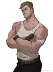  1boy amo_(amo9612) artist_name bandages bara belt blue_eyes brown_hair chest_hair crossed_arms facial_hair gloves highres looking_at_viewer male_focus manly muscular muscular_male original pants pectorals scar scar_on_face stubble tank_top thick_arms 