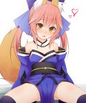  1girl :d absurdres animal_ear_fluff animal_ears ass_visible_through_thighs bare_shoulders black_legwear blue_bow blue_kimono blush bow brown_eyes commentary_request detached_collar detached_sleeves fang fate/extra fate_(series) fox_ears fox_girl fox_tail hair_bow haryuu_(poetto) heart highres japanese_clothes kimono large_bow long_hair long_sleeves looking_at_viewer no_panties obi open_mouth pelvic_curtain pink_hair sash simple_background sitting smile solo spread_legs squatting tail tamamo_(fate) tamamo_no_mae_(fate/extra) thighhighs twintails white_background younger 