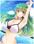  +_+ 1girl armpits arms_up bangs bikini blue_sky breasts cleavage cloud dutch_angle eyebrows_visible_through_hair frog_hair_ornament green_eyes green_hair hair_ornament hair_tubes highres horizon kochiya_sanae long_hair looking_at_viewer navel ocean outdoors own_hands_together sky snake_hair_ornament solo swimsuit touhou upper_body white_bikini zeroko-san_(nuclear_f) 