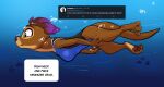  2022 anthro breasts brown_body brown_fur brown_hair bubble clothing english_text female fur green_eyes hair hi_res highlights_(coloring) lutrine mammal mustelid one-piece_swimsuit pawpads purple_highlights siroc sofeia solo swimming swimwear text underwater water whiskers 
