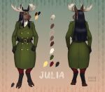  anthro belt black_hair capreoline cervid clothing coat facial_piercing female gold_(metal) gold_jewelry gradient_background hair harmaagriffin jewelry looking_away mammal model_sheet moose nose_piercing nose_ring piercing simple_background solo standing topwear 