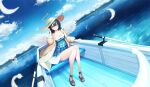  1girl angel_(last_origin) angel_wings black_hair blue_dress blue_sky blush boat breasts cardigan choker cleavage day dress dutch_angle feathers full_body game_cg hair_between_eyes halo hat high_heels highres jam_(nandade) last_origin official_art outdoors pov purple_eyes short_hair sky solo solo_focus sun_hat virtual_reality watercraft wings 