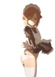  1girl apron ass bangs black_dress boku_wa_tomodachi_ga_sukunai bow bow_panties bowtie brown_eyes brown_hair clothes_lift cowboy_shot d: dress dress_lift flower frilled_apron frilled_dress frills from_side hair_flower hair_ornament hand_up highres juliet_sleeves kuroneko_pantsu kusunoki_yukimura lifted_by_self long_sleeves looking_at_viewer maid maid_headdress panties parted_bangs puffy_sleeves red_bow red_bowtie shade short_hair simple_background solo standing thighhighs twisted_torso underwear white_legwear white_panties 