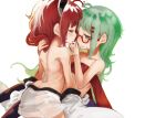  2girls absurdres ahoge blush brown_hair closed_mouth finger_sucking glasses green_eyes green_hair half-closed_eye highres long_hair multiple_girls otomachi_una red-framed_eyewear red_eyes sasurai_susuki semi-rimless_eyewear simple_background skirt smile sweat topless touhoku_kiritan under-rim_eyewear very_long_hair voiceroid wavy_hair white_background white_skirt yuri 