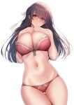  1girl amane_ruri bangs black_hair bra breasts commentary_request eyebrows_visible_through_hair glasses hair_ribbon highres large_breasts long_hair looking_at_viewer navel original panties red_bra red_eyes red_panties ribbon simple_background solo stomach underwear underwear_only white_background white_ribbon 