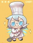 1girl bespectacled blue_eyes blue_hair chef_hat chef_uniform chromatic_aberration cirno commentary dual_wielding english_commentary film_grain full_body fumo_(doll) glasses hat holding ice ice_wings kitchen_knife skullchimes solo sparkle spatula star_(symbol) touhou wings 