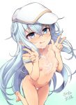  1girl :q bangs blush breasts censored cheese_(cheese_koubou) closed_mouth crossed_bangs double_w flat_cap gradient gradient_background hair_between_eyes hat heart heart-shaped_pupils heart_censor hibiki_(kancolle) highres kantai_collection long_hair long_sleeves looking_at_viewer nipples nude pleated_skirt signature silver_hair simple_background skirt small_breasts smile solo symbol-shaped_pupils tongue tongue_out verniy_(kancolle) very_long_hair w white_headwear 