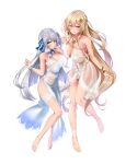  2girls absurdres bare_legs barefoot blue_eyes blue_nails bracelet breasts chemise cleavage dress finger_to_mouth full_body glint hair_ribbon highres huge_breasts jewelry large_breasts light_brown_hair lingerie long_hair midoriiro_no_shinzou multiple_girls nail_polish navel necklace non-web_source one_side_up original panties pink_eyes ribbon see-through sidelocks silver_hair simple_background smile strap_slip string_panties toenail_polish toenails underwear underwear_only very_long_hair white_background white_dress white_panties yellow_nails 