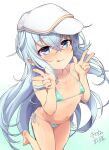  1girl :q bangs barefoot bikini blush cheese_(cheese_koubou) crossed_bangs double_w flat_cap gradient gradient_background green_bikini hair_between_eyes hat heart heart-shaped_pupils hibiki_(kancolle) highres kantai_collection long_hair looking_at_viewer micro_bikini side-tie_bikini signature silver_hair simple_background smile solo swimsuit symbol-shaped_pupils tongue tongue_out verniy_(kancolle) very_long_hair w white_headwear 