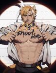  1boy abs amo_(amo9612) animal_ears bara beard belt blonde_hair cigarette collar facial_hair highres large_pectorals light lion_boy lion_ears lion_tail looking_at_viewer male_focus manly mature_male muscular muscular_male nipples open_clothes open_shirt original pants pectorals scar scar_across_eye scar_on_chest scar_on_stomach shirt smoke smoking solo tail text_focus yellow_eyes 
