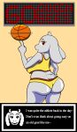  absurd_res anthro ball basketball_(ball) basketball_uniform bedroom_eyes big_butt bovid butt caprine clothing female goat hi_res looking_at_viewer looking_back mammal marcodile narrowed_eyes seductive solo sportswear text toriel undertale_(series) uniform wide_hips 