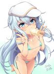  1girl bangs barefoot bikini blush cheese_(cheese_koubou) crossed_bangs double_w flat_cap food gradient gradient_background green_bikini hair_between_eyes hat hibiki_(kancolle) highres kantai_collection long_hair looking_at_viewer micro_bikini mouth_hold popsicle popsicle_in_mouth sexually_suggestive side-tie_bikini signature silver_hair simple_background solo swimsuit verniy_(kancolle) very_long_hair w white_headwear 