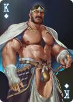  1boy abs armor bara bear beard black_hair bulge cape card chest_hair crotch_plate crown diamond_(shape) facial_hair gauntlets gem hairy highres large_pectorals male_focus male_pubic_hair manly muscular muscular_male mustache navel navel_hair nipples no_pants original pectorals pubic_hair skirt sword tangbingla thick_arms thick_eyebrows thick_thighs thighs topless topless_male weapon 