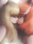  anthro bangs black_pupils blonde_hair bodily_fluids canid canine duo eyes_closed female female/female hair hasukii hunched_over kemono kissing light long_hair looking_at_another mal_(hasukii) mammal nude open_mouth pupils red_body red_eyes red_hair red_tongue saliva side_view standing tears tongue vea_(hasukii) white_body white_ears white_hair 