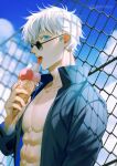  1boy abs blue_eyes chain-link_fence cloud colored_eyelashes commentary_request day fence food genii gojou_satoru hair_between_eyes hand_up holding holding_food ice_cream ice_cream_cone jujutsu_kaisen looking_at_viewer male_focus muscular muscular_male open_clothes open_mouth open_shirt outdoors pectorals round_eyewear short_hair solo sunglasses sweat teeth tongue tongue_out triple_scoop white_hair 